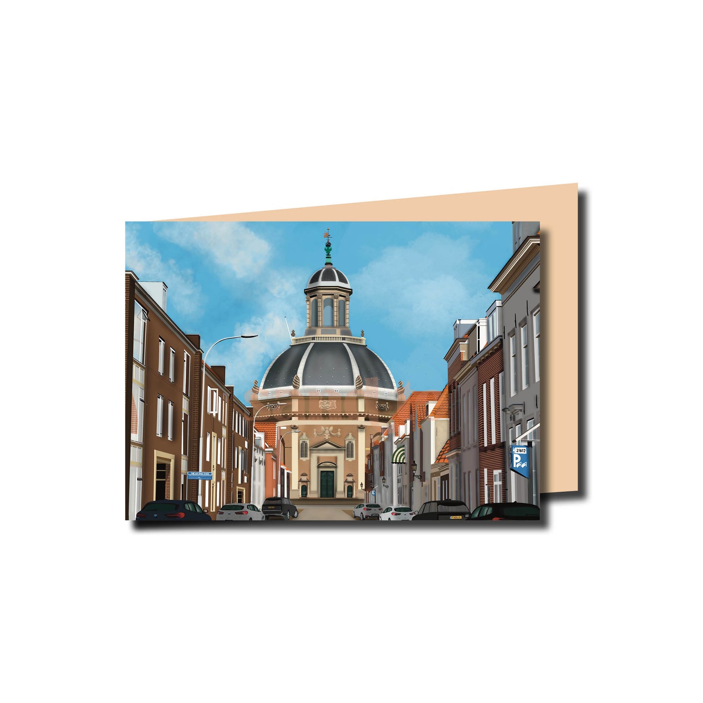 Gevouwen Wenskaart A6 – Oostkerk Middelburg Illustratie – Inclusief Envelop