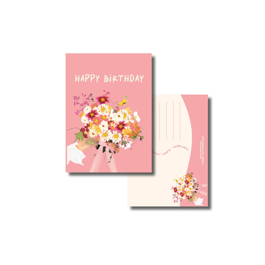 Kaart A6 – Happy Birthday – Groot Bloemenboeket Illustratie – Envelop Optioneel