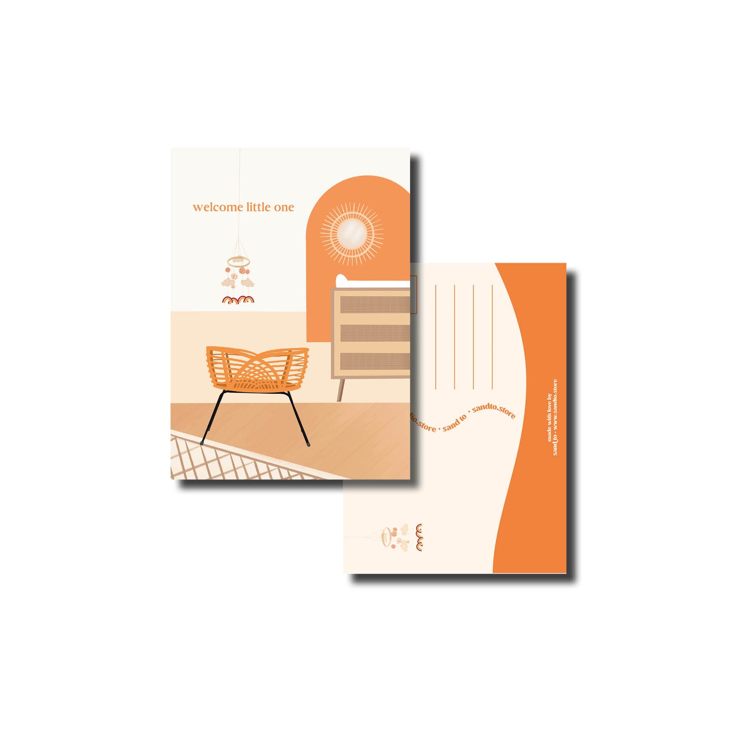 Kaart A6 – Welcome Little One – Illustratie Babykamer met Rieten Bedje – Beige – Envelop Optioneel
