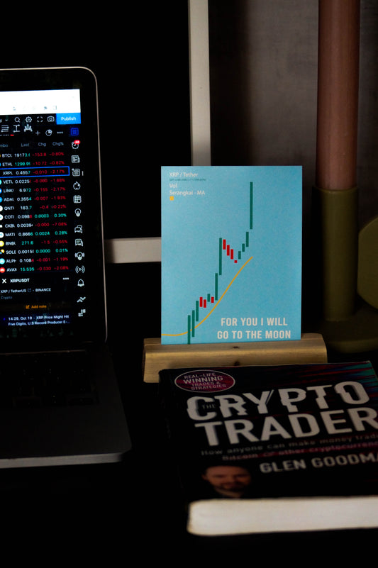 Kaart A6 – Crypto To the Moon – XRP Candles Illustratie – Envelop Optioneel