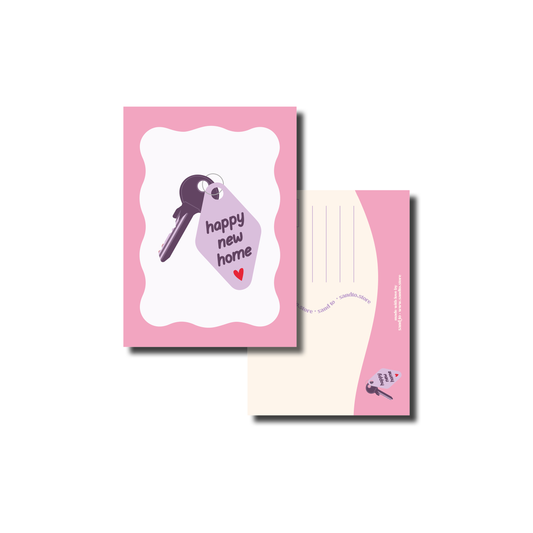 Handgetekende wenskaart A6 Happy New Home – felicitatiekaart nieuw huis met sleutels illustratie