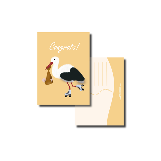 Neutrale Geboortekaart A6 – Ooievaar op Goud – Zonder Tekst – Envelop Optioneel
