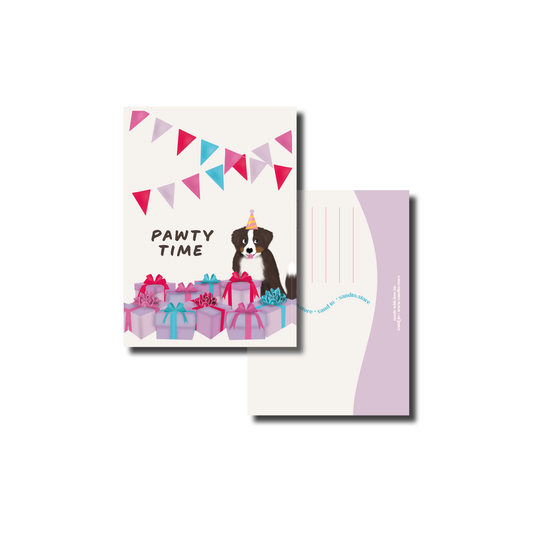 Grappige Verjaardagskaart A6 – “Pawty Time” – Hond met Cadeaus – Envelop Optioneel