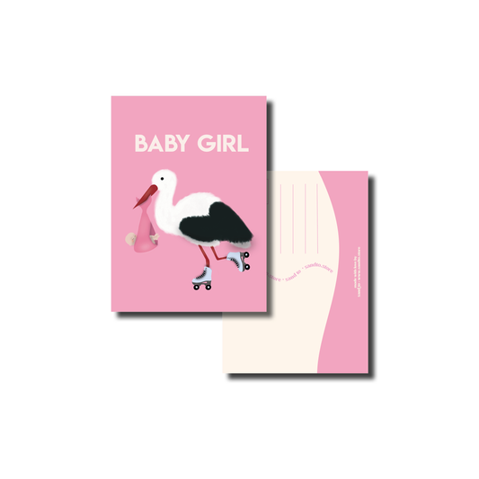 Geboortekaart Meisje A6 – “Baby Girl” met Ooievaar – Envelop Optioneel