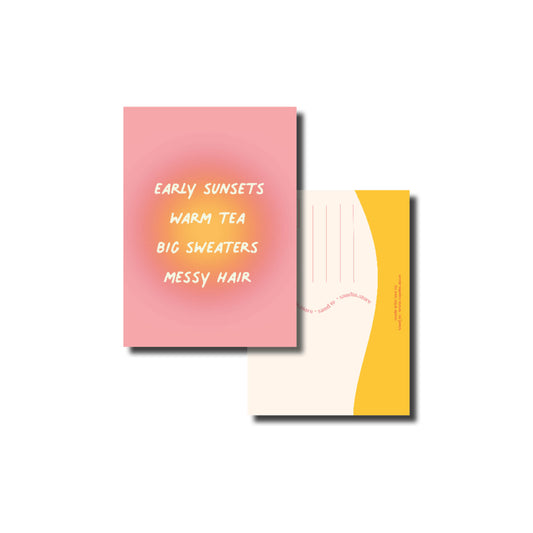 Kaart A6 – Early Sunsets – Illustratie Zon met Tekst over Cozy Moments – Roze Achtergrond – Envelop Optioneel
