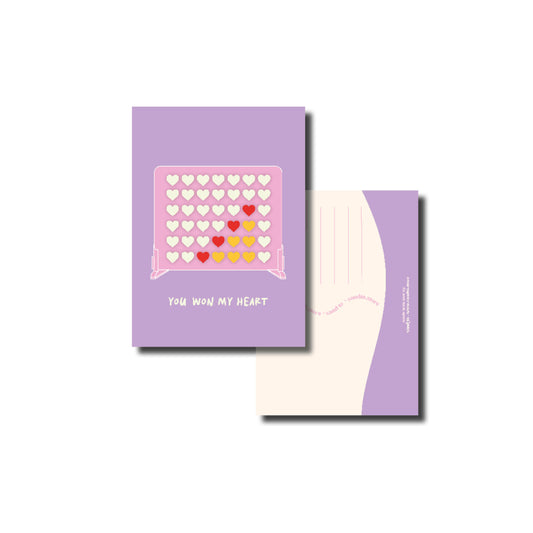 Kaart A6 – You Won My Heart – Vier op een Rij met Hartjes – Envelop Optioneel