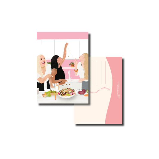 Kaart A6 – Pasta Vriendinnen – Illustratie van Gezellig Koken in de Keuken – Envelop Optioneel