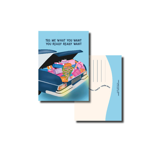 Kerstkaart A6 – Say What You Want – Auto met Cadeaus & Kerstboom – Envelop Optioneel