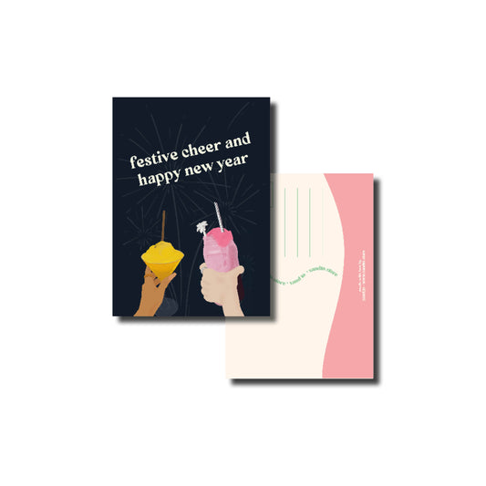 Nieuwjaarskaart A6 – Festive Cheer and a Happy New Year – Proostende Cocktails – Envelop Optioneel