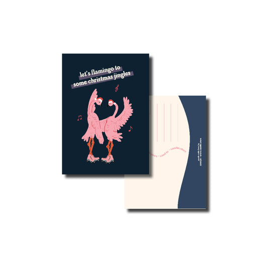 Kerstkaart A6 – Let’s Flamingo to Some Christmas Jingle – Dansende Flamingo op Rollerschaatsen