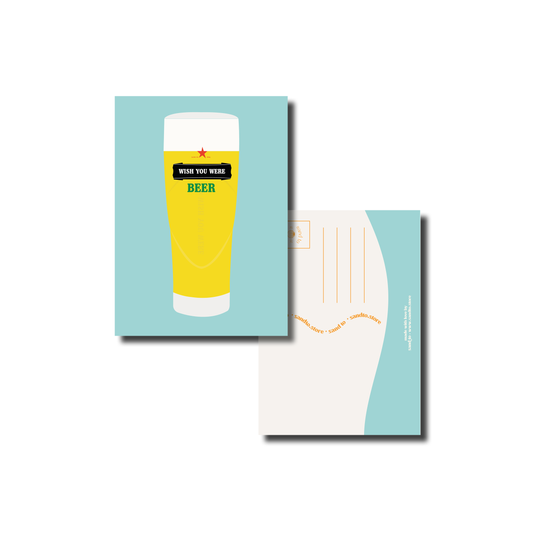 Handgetekende wenskaart A6 – Wish You Were Beer – grappige illustratie van koel biertje