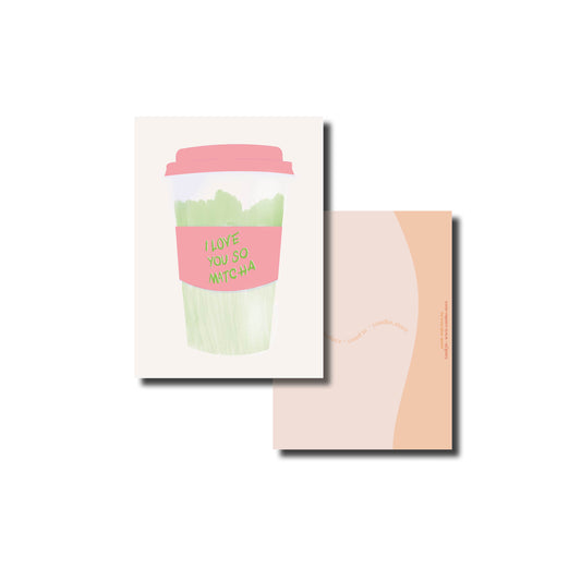 Handgetekende wenskaart A6 illustratie van matcha beker – stijlvol en vrolijk design