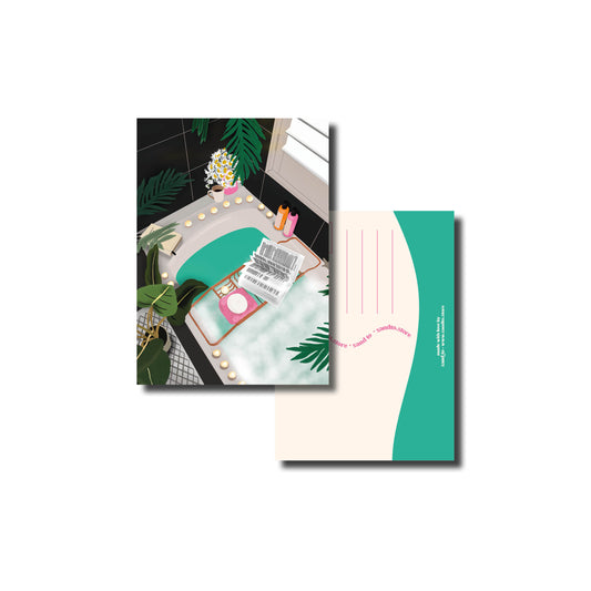 Kaart A6 – Relax & Bath Time – Illustratie van Ontspannend Badmoment – Envelop Optioneel