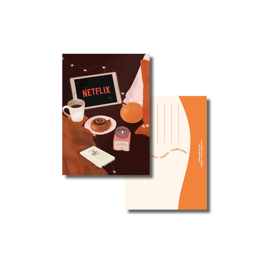 Illustratiekaart A6 – Fall Vibes – Netflix, Koffie & Cinnamon Roll – Envelop Optioneel