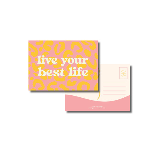 Kaart A6 – Live Your Best Life – Panterprint Achtergrond in Roze en Geel – Envelop Optioneel